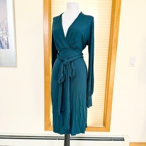 Express Teal Blue Green Surplice Wrap Belted Stretch Knit Long Sleeve Midi Dress